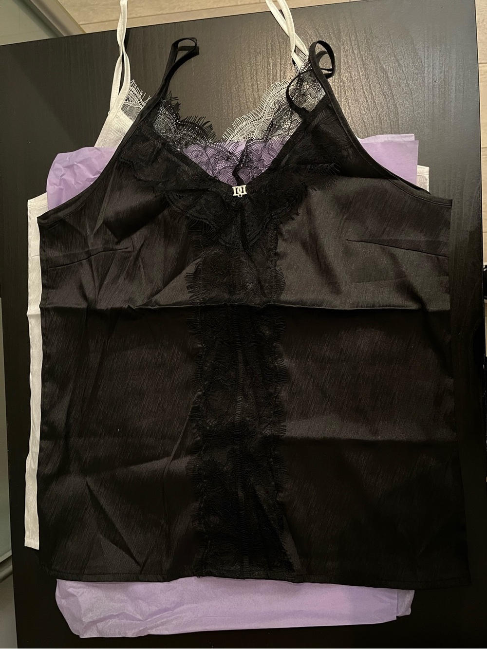 Black Lace Trim Satin Tank Top